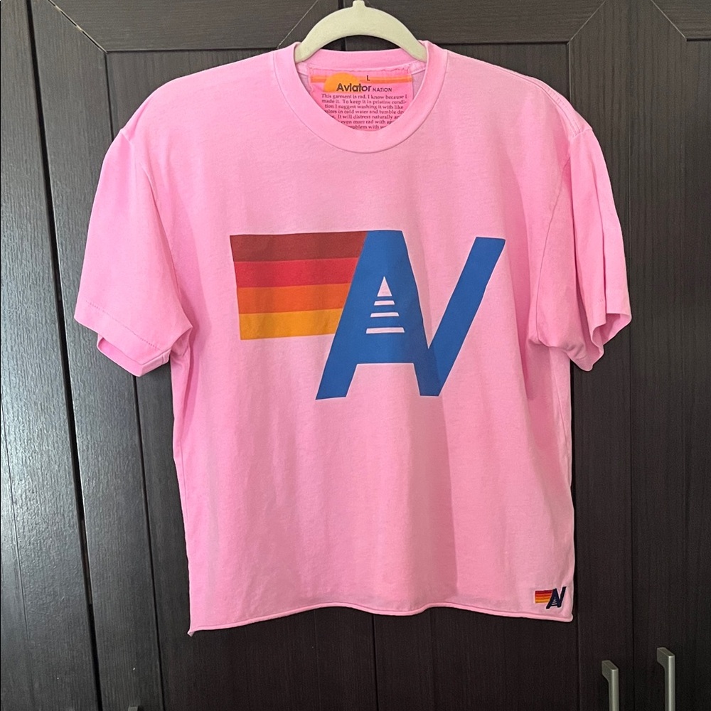 Aviator Nation with Blue Logo Boyfriend Tee Neon Pink (Large) Super Soft!
